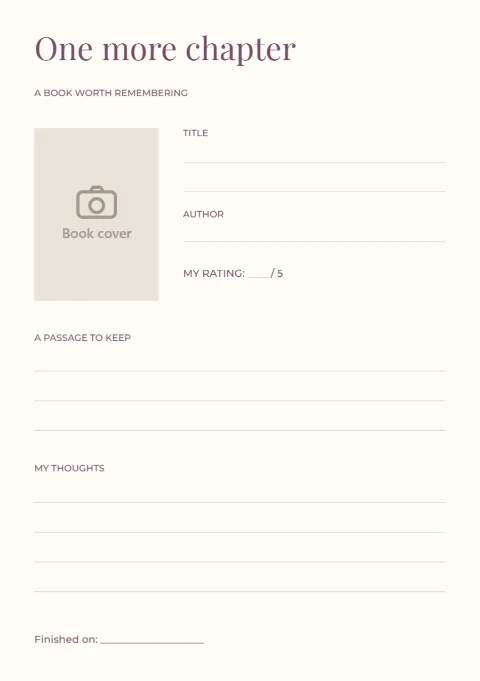 One more chapter – book review page: printable design preview