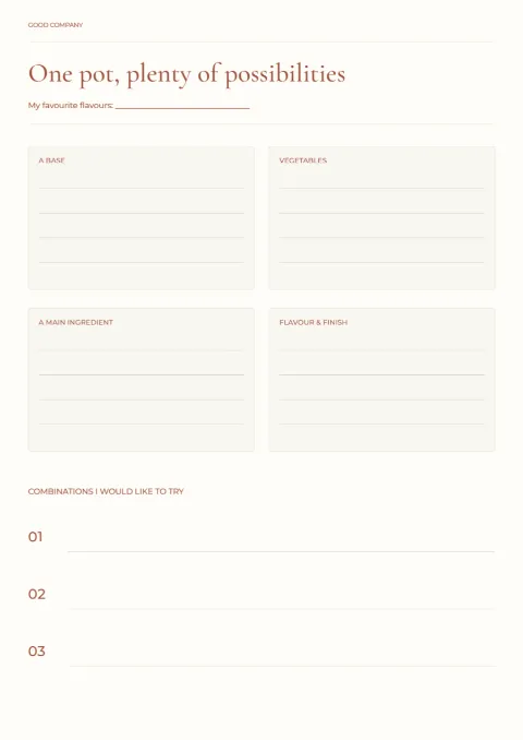 One pot, plenty of possibilities – meal ideas: printable design preview