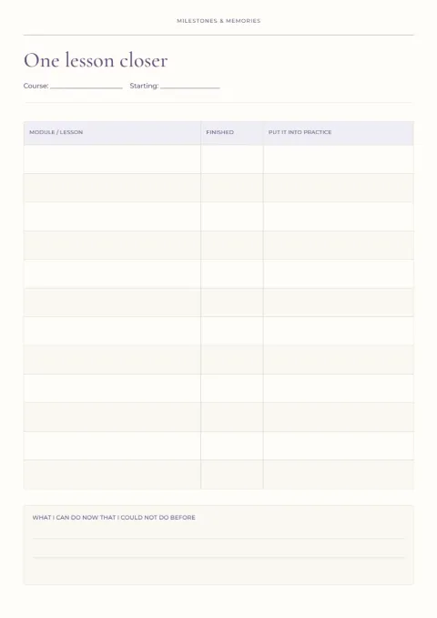 One lesson closer – course tracker: printable design preview