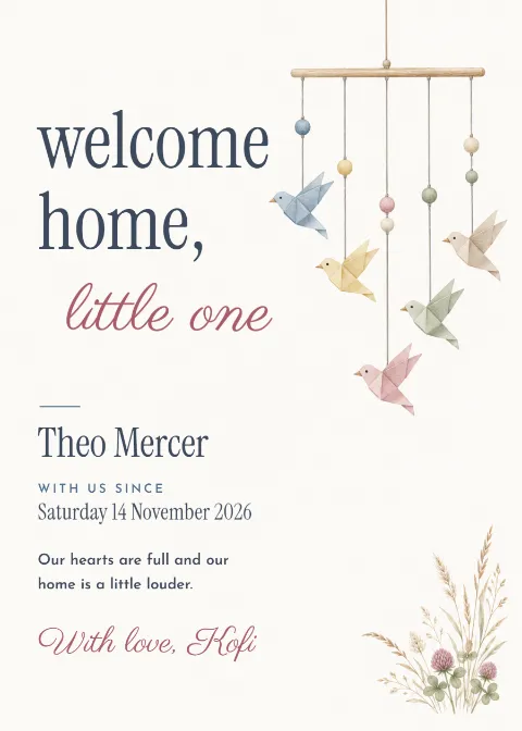Paper birds – welcome home adoption announcement: printable design preview