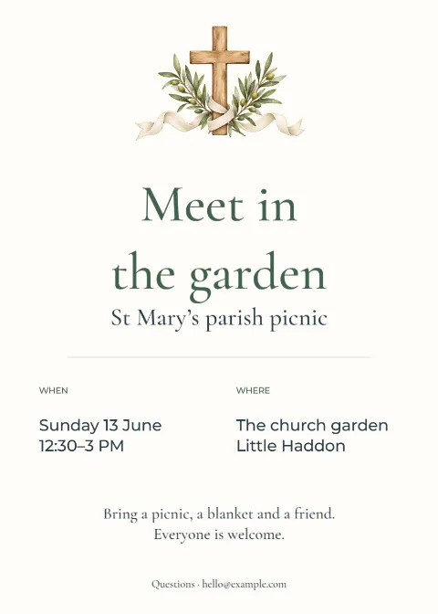 Meet in the garden – parish picnic: printable design preview