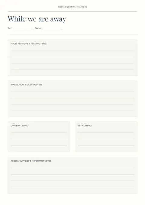 While we are away – pet sitter notes: printable design preview