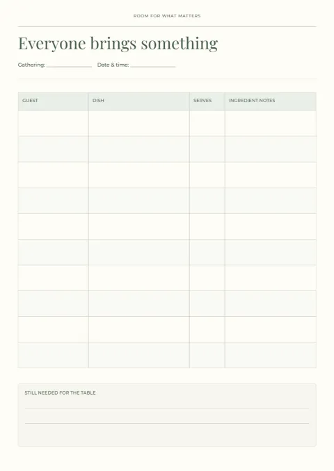 Everyone brings something – potluck sheet: printable design preview