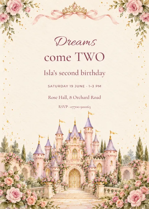 Dreams come two – princess birthday: printable design preview