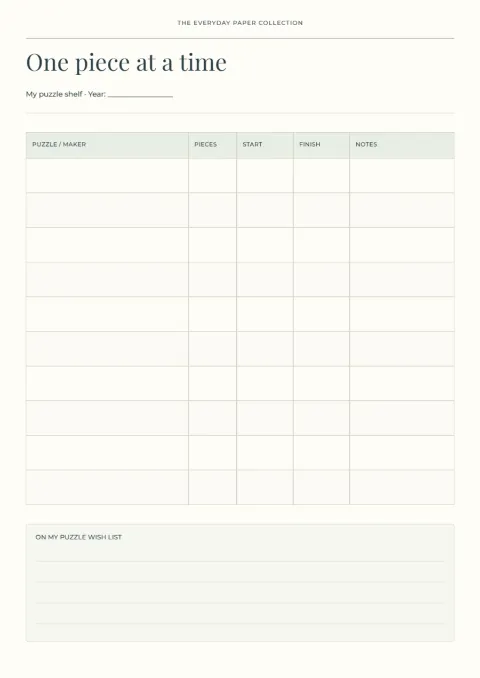 One piece at a time – puzzle tracker: printable design preview