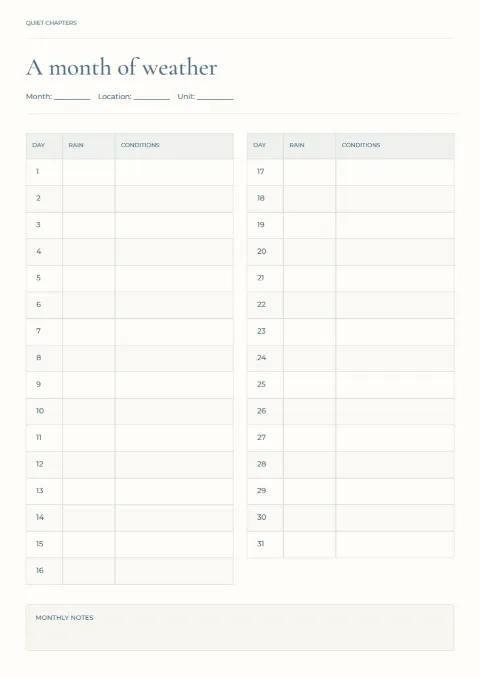A month of weather – rainfall log: printable design preview