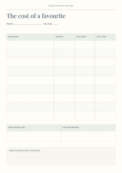 The cost of a favourite – recipe worksheet: printable design preview