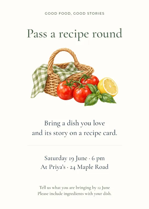 Pass a recipe round – supper invitation: printable design preview