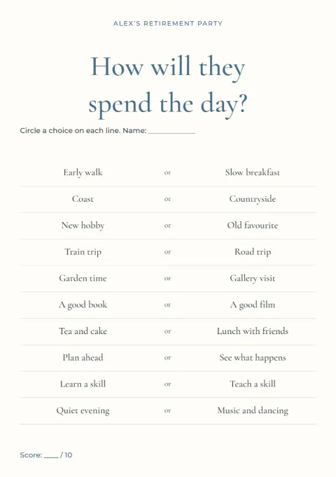 How will they spend the day? – retirement game: printable design preview