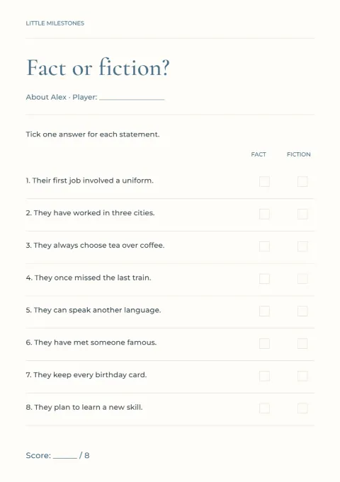 Fact or fiction? – retirement party game: printable design preview