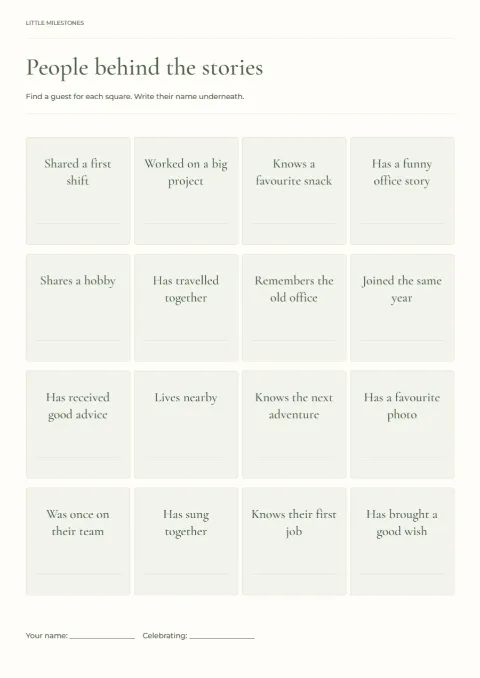 People behind the stories – retirement bingo: printable design preview