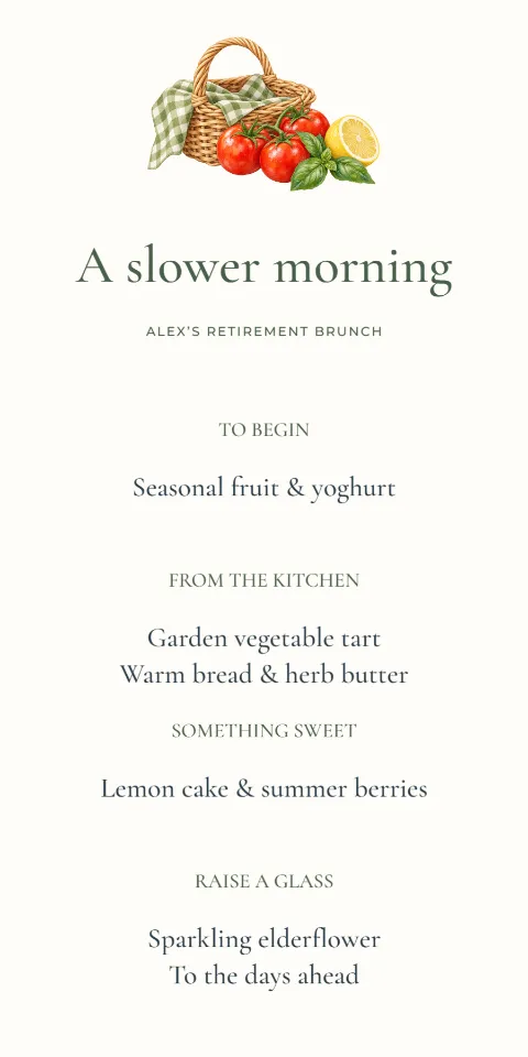 A slower morning – retirement brunch menu: printable design preview