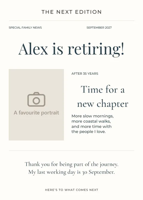 The next edition – retirement announcement: printable design preview