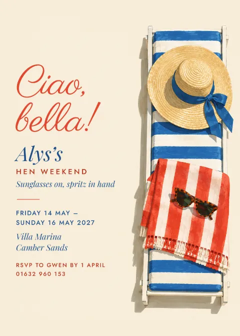 Riviera beach club – hen weekend invitation: printable design preview