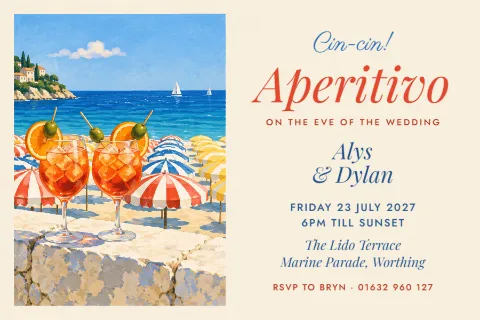 Riviera beach club – wedding welcome drinks postcard: printable design preview