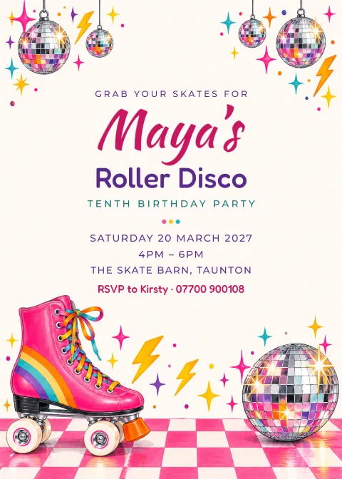 Roller disco – tenth birthday invitation: printable design preview