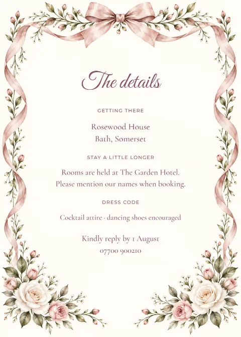 Rose ribbon – wedding details card: printable design preview