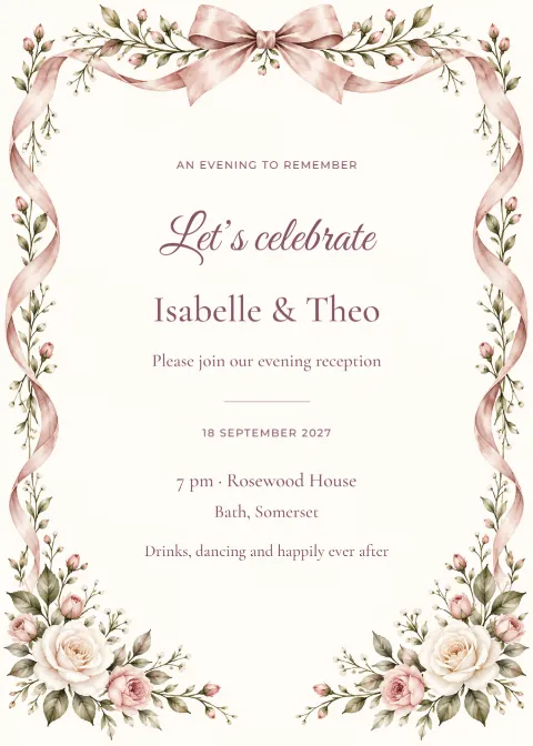 Rose ribbon – evening invitation: printable design preview