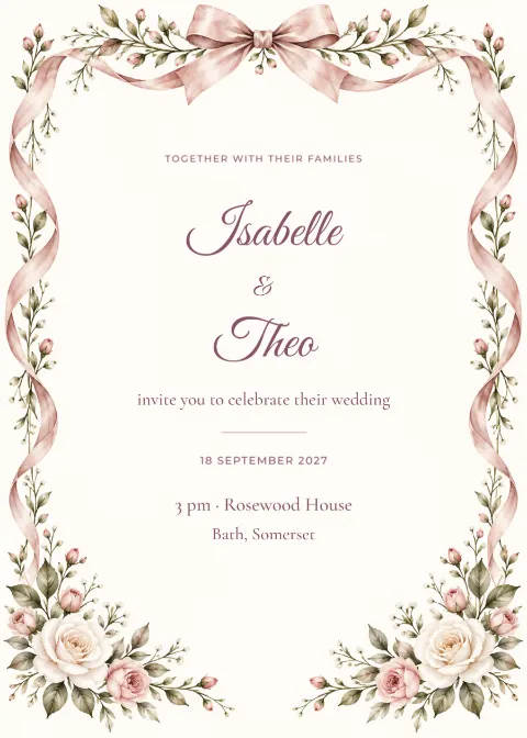 Rose ribbon – wedding invitation: printable design preview