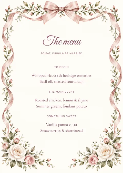 Rose ribbon – wedding menu: printable design preview