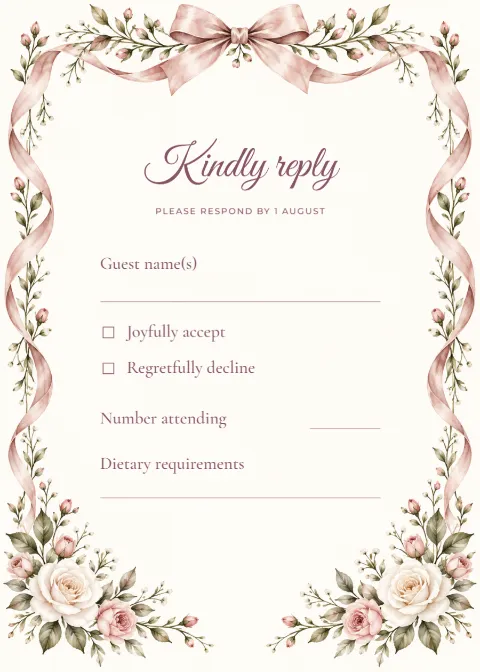 Rose ribbon – RSVP reply card: printable design preview