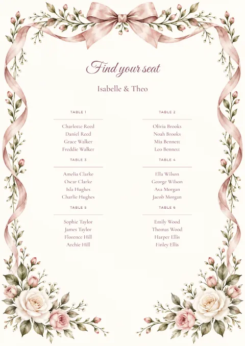 Rose ribbon – seating plan: printable design preview