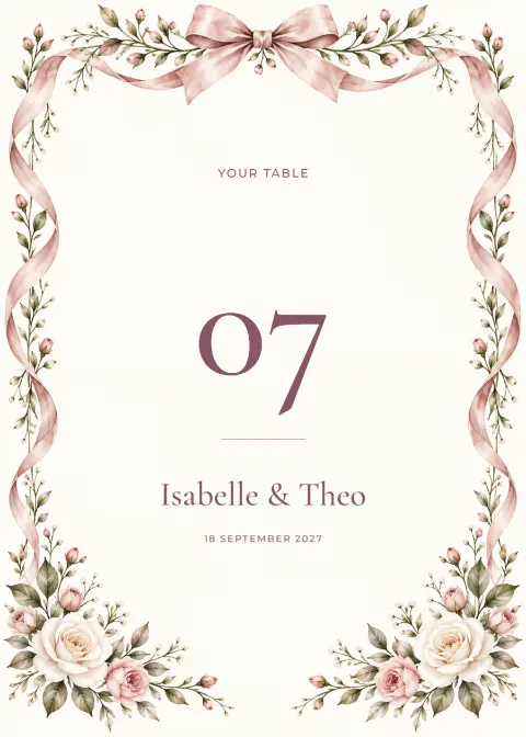 Rose ribbon – table number: printable design preview