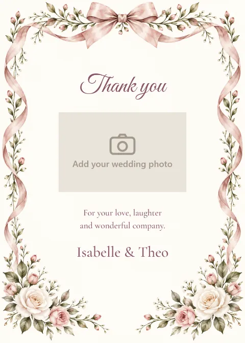 Rose ribbon – photo thank-you card: printable design preview