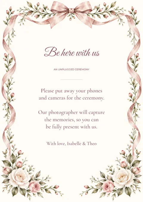 Rose ribbon – unplugged ceremony sign: printable design preview