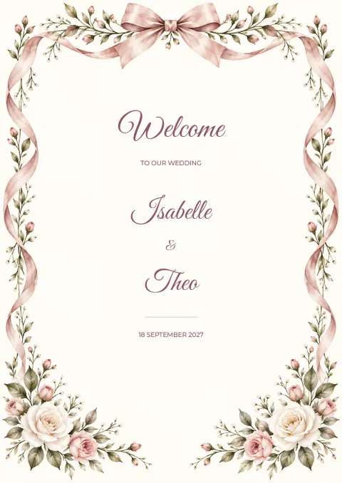 Rose ribbon – wedding welcome sign: printable design preview