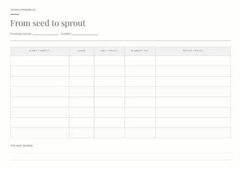 From seed to sprout – sowing record: printable design preview