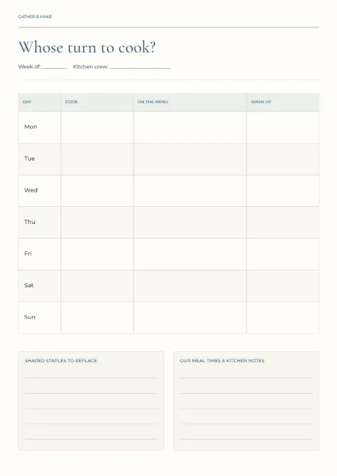 Whose turn to cook? – shared kitchen rota: printable design preview