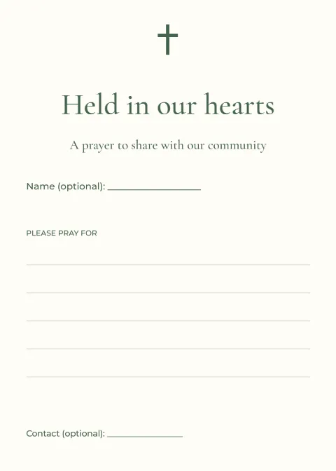 Held in our hearts – prayer request: printable design preview