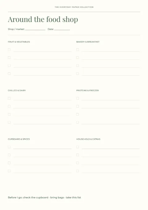 Around the food shop – aisle list: printable design preview