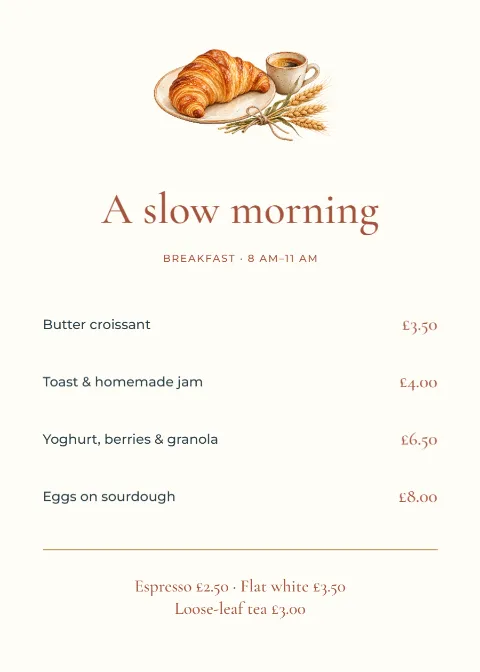 A slow morning – breakfast menu: printable design preview