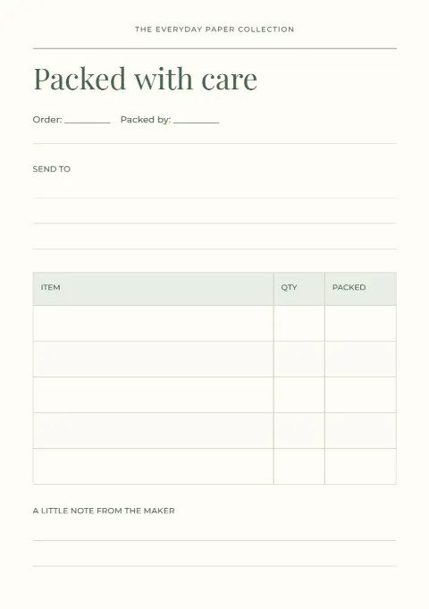 Packed with care – order slip: printable design preview