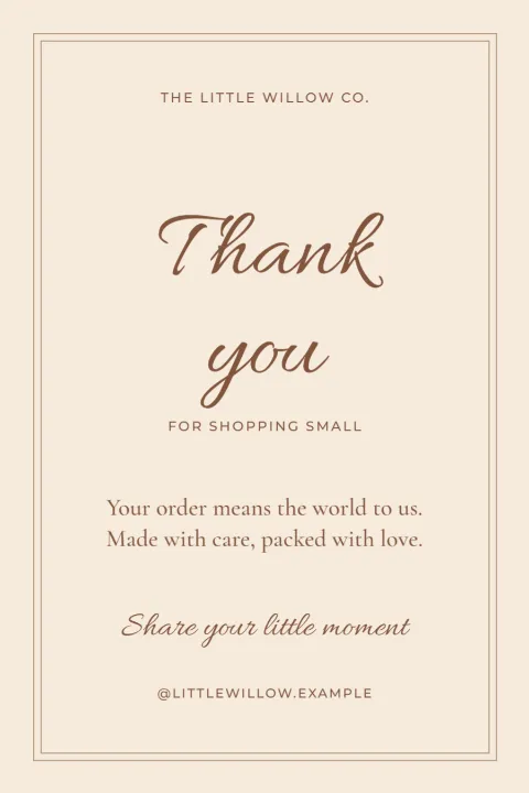 Made with care – shop thank-you card: printable design preview