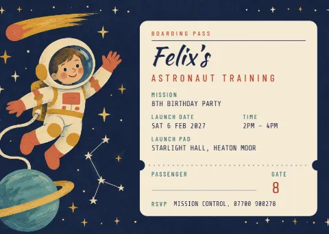 Astronaut training – space party boarding pass: printable design preview