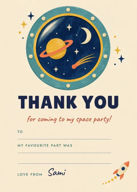 Porthole – space party thank-you note: printable design preview