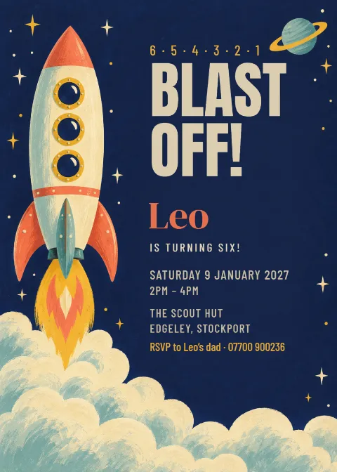 Blast off – rocket sixth birthday invitation: printable design preview