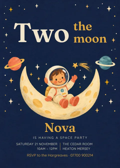 Two the moon – space second birthday invitation: printable design preview