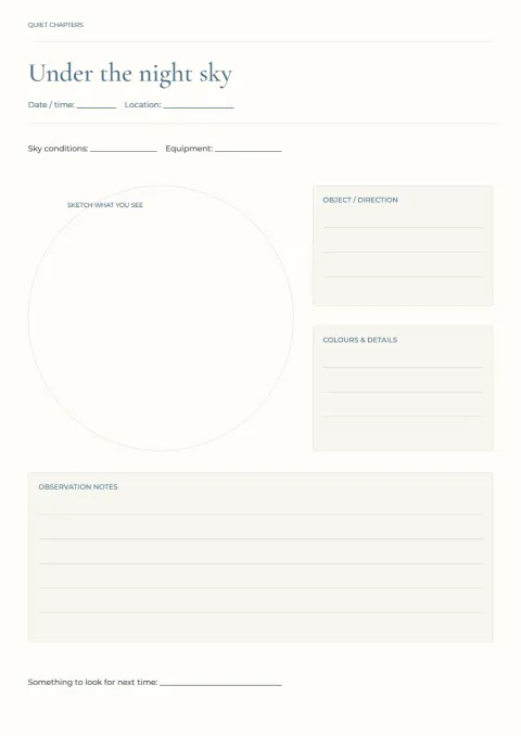 Under the night sky – astronomy journal: printable design preview