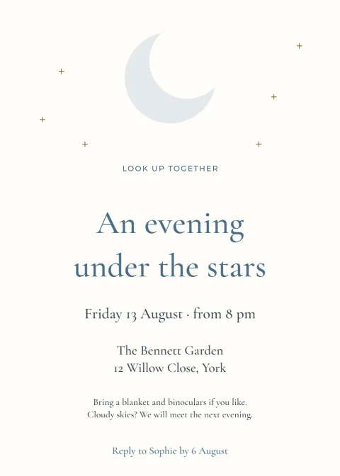 An evening under the stars – skywatch invitation: printable design preview