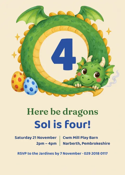 Here be dragons – 4th birthday invitation: printable design preview