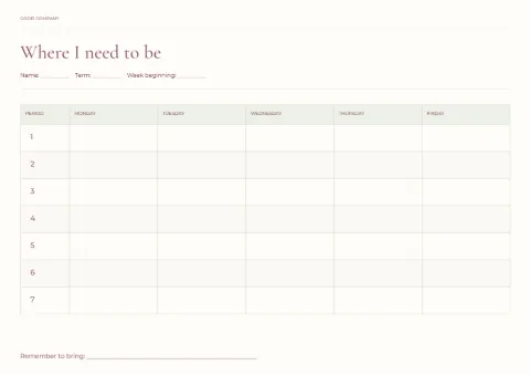 Where I need to be – class timetable: printable design preview