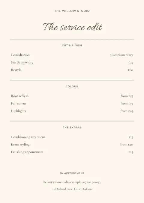 The studio edit – service price list: printable design preview
