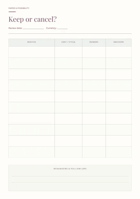 Keep or cancel? – renewal tracker: printable design preview