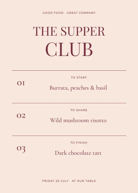 The supper club – dinner menu: printable design preview