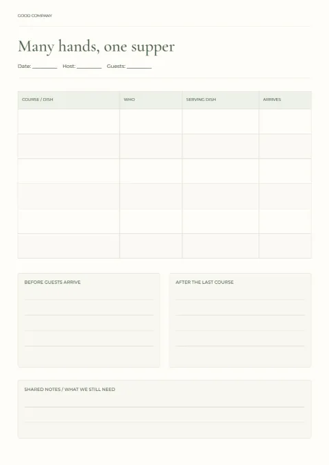 Many hands, one supper – hosting plan: printable design preview