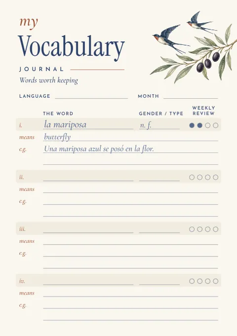 Swallow & olive – vocabulary journal: printable design preview